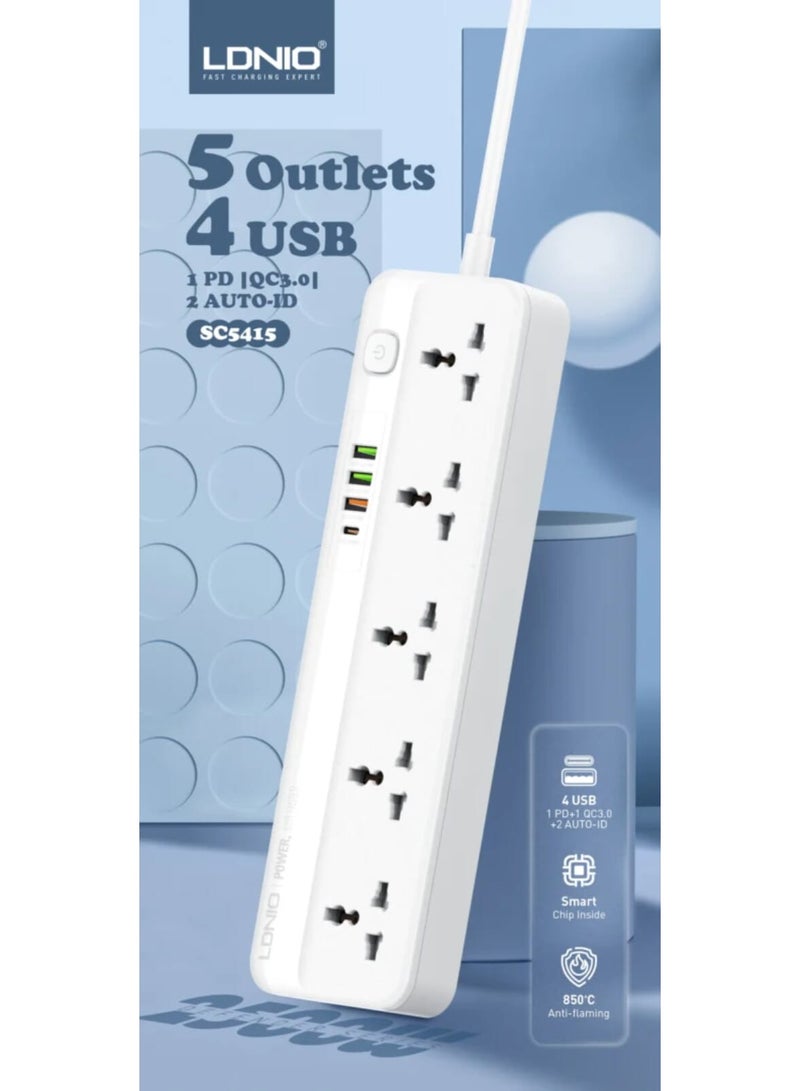 لدنيو مقبس طاقة Ldnio SC5415 EU متعدد الاستخدامات للشحن الآمن والفعال، 5 مقابس، 2 متر، 2500 واط، 4 منافذ USB، أبيض - Image 3