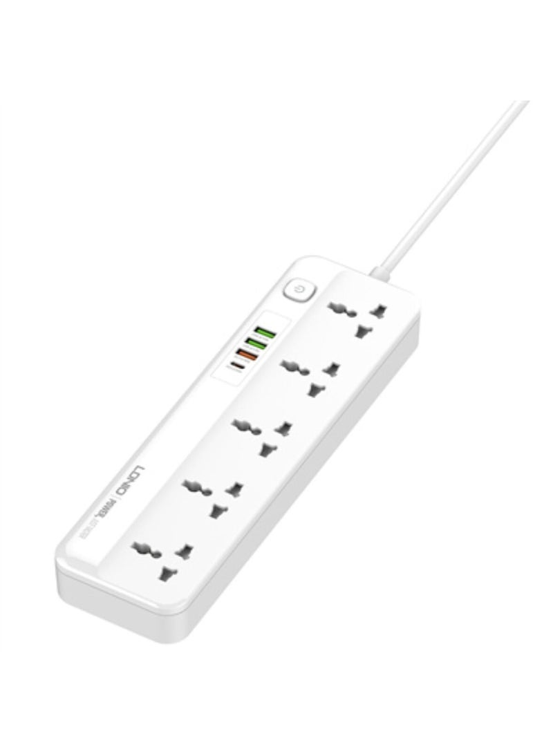 لدنيو مقبس طاقة Ldnio SC5415 EU متعدد الاستخدامات للشحن الآمن والفعال، 5 مقابس، 2 متر، 2500 واط، 4 منافذ USB، أبيض - Image 2