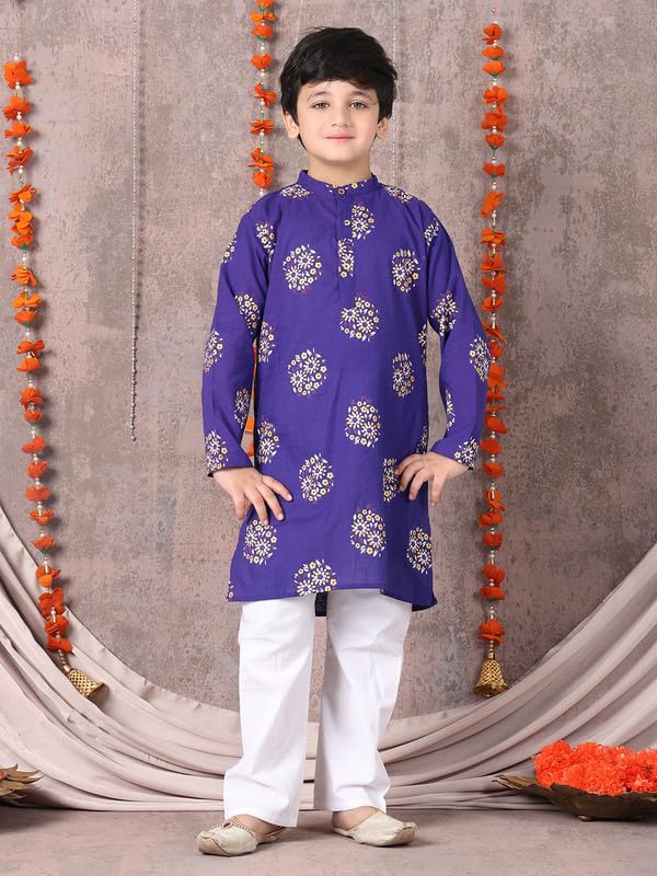 superminis Boys Cotton Kurta Pyjama Set | Gold Foil Printed Ethnic Wear for Kids | Baby Boy Kurta Set with Elastic Pyjama | Festival & Wedding Outfit (Purple, 4-5 Years) - Image 2
