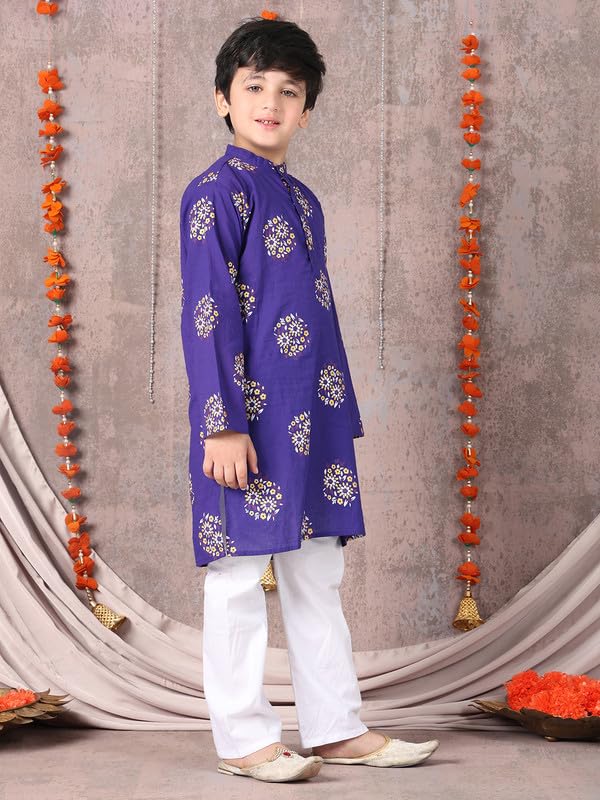 superminis Boys Cotton Kurta Pyjama Set | Gold Foil Printed Ethnic Wear for Kids | Baby Boy Kurta Set with Elastic Pyjama | Festival & Wedding Outfit (Purple, 4-5 Years) - Image 3