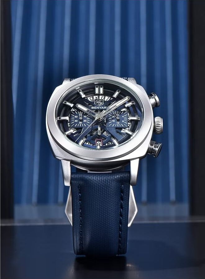 بينيار ساعة رجالي حزام من الجلد الهيكل العظمي حركة الكوارتز الجوف الهاتفي تصميم ساعة مقاومة للماء الرجال لوم الأيدي ، ساعة بواسطة-5205 الفضة الأزرق - Image 3