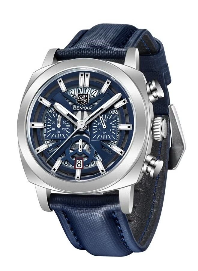 بينيار ساعة رجالي حزام من الجلد الهيكل العظمي حركة الكوارتز الجوف الهاتفي تصميم ساعة مقاومة للماء الرجال لوم الأيدي ، ساعة بواسطة-5205 الفضة الأزرق - Image 5