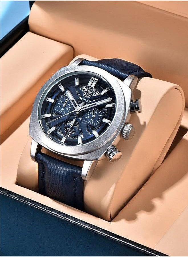 بينيار ساعة رجالي حزام من الجلد الهيكل العظمي حركة الكوارتز الجوف الهاتفي تصميم ساعة مقاومة للماء الرجال لوم الأيدي ، ساعة بواسطة-5205 الفضة الأزرق - Image 1