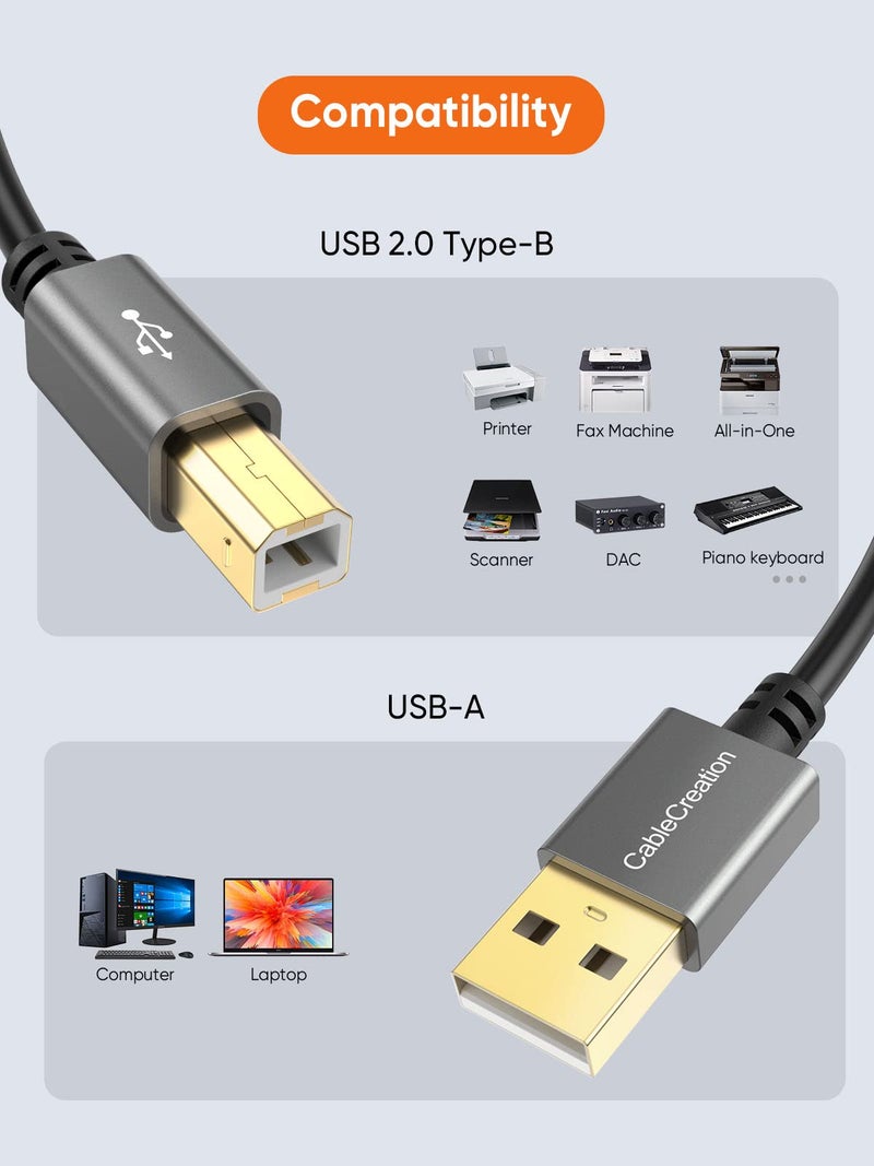 CableCreation كابل كرييشن USB طابعة طويل 10 أقدام، كابل طابعة USB 2.0 إلى الكمبيوتر، كابل طابعة USB A إلى B لـ HP، Brother، Epson، Canon، بيانو، Dac، علبة ألمنيوم، رمادي فضائي - Image 4