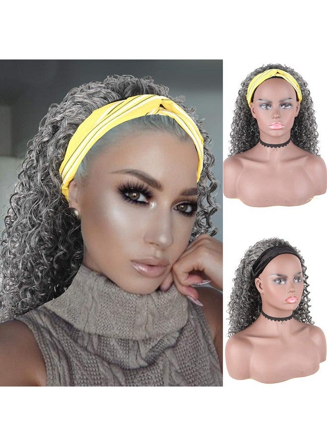CINHOO Curly Wave Loose Wave Headband Wigs With Headbands Attached Half Wigs For Black Women Cute Dark Gray Wig Afro Kinky Curly Black Hair Wig Synthetic Headband Wigs For Black Women(Silver Grey) - Image 2