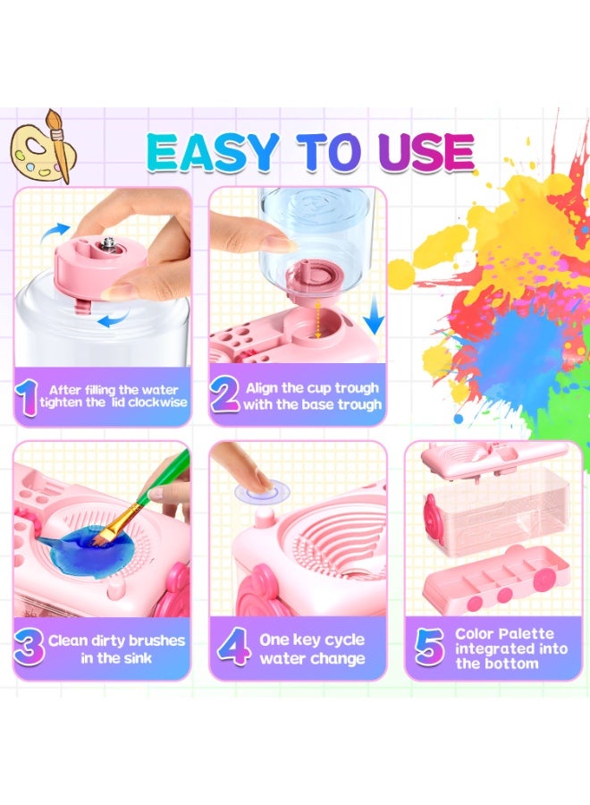 Kids Paint Brush Cleaner Machine | Train-Shaped Automatic Brush Washer with Water Circulation & Color Palette | Art Tool for Children, Artists & Classroom—Pink - Image 3