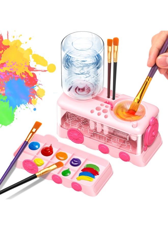 Kids Paint Brush Cleaner Machine | Train-Shaped Automatic Brush Washer with Water Circulation & Color Palette | Art Tool for Children, Artists & Classroom—Pink - Image 1