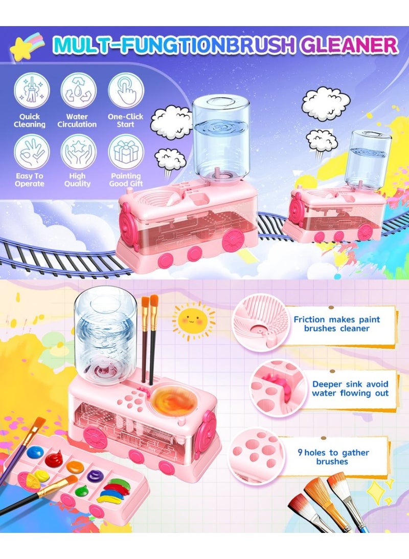 Kids Paint Brush Cleaner Machine | Train-Shaped Automatic Brush Washer with Water Circulation & Color Palette | Art Tool for Children, Artists & Classroom—Pink - Image 4