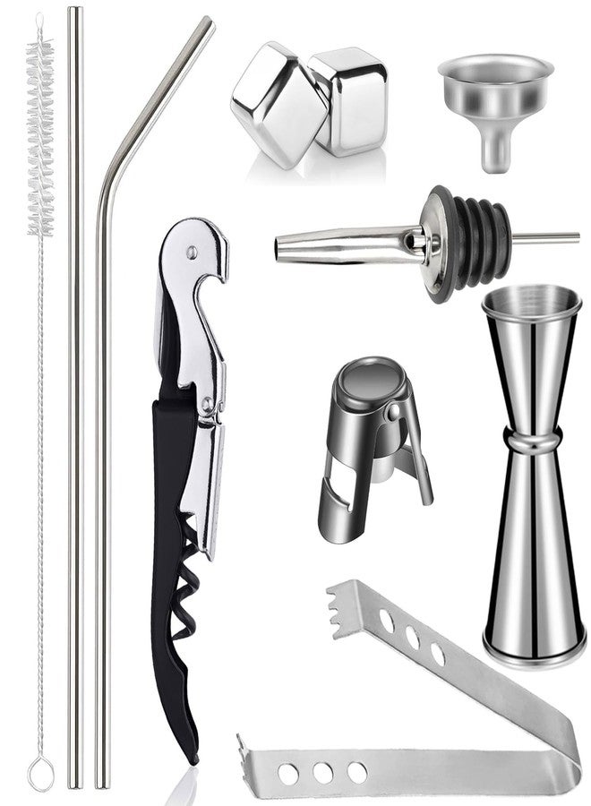 HUNCHA Stainless Steel 11 Pcs Bartender Kit Set, Ice Tong, Bottle Opener, Tall Peg Measure 30/60 ml, Bottle Cap, 2 Metal Ice Cube, Pourer, Mini Funnel, Straw Set, (11 Pcs Set) - Image 1