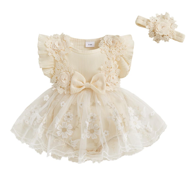 Douhoow Baby Girl Romper Dress Baby Dress Romper Flowers Lace Infant Girl Spring Summer Clothes with Headband (Khaki, 3-6 Months) - Image 1