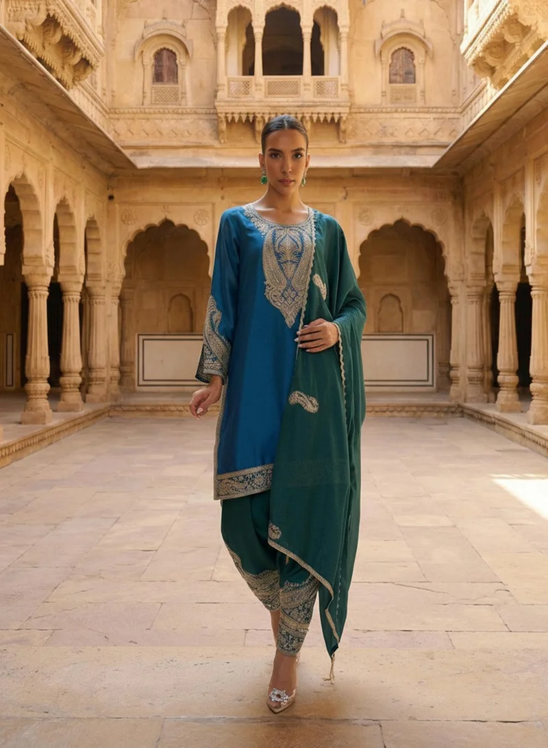ISHIN Blue Poly Embroidered Straight Fit A-Line Tunic & Full Length Palazzo Kurta Set For Women