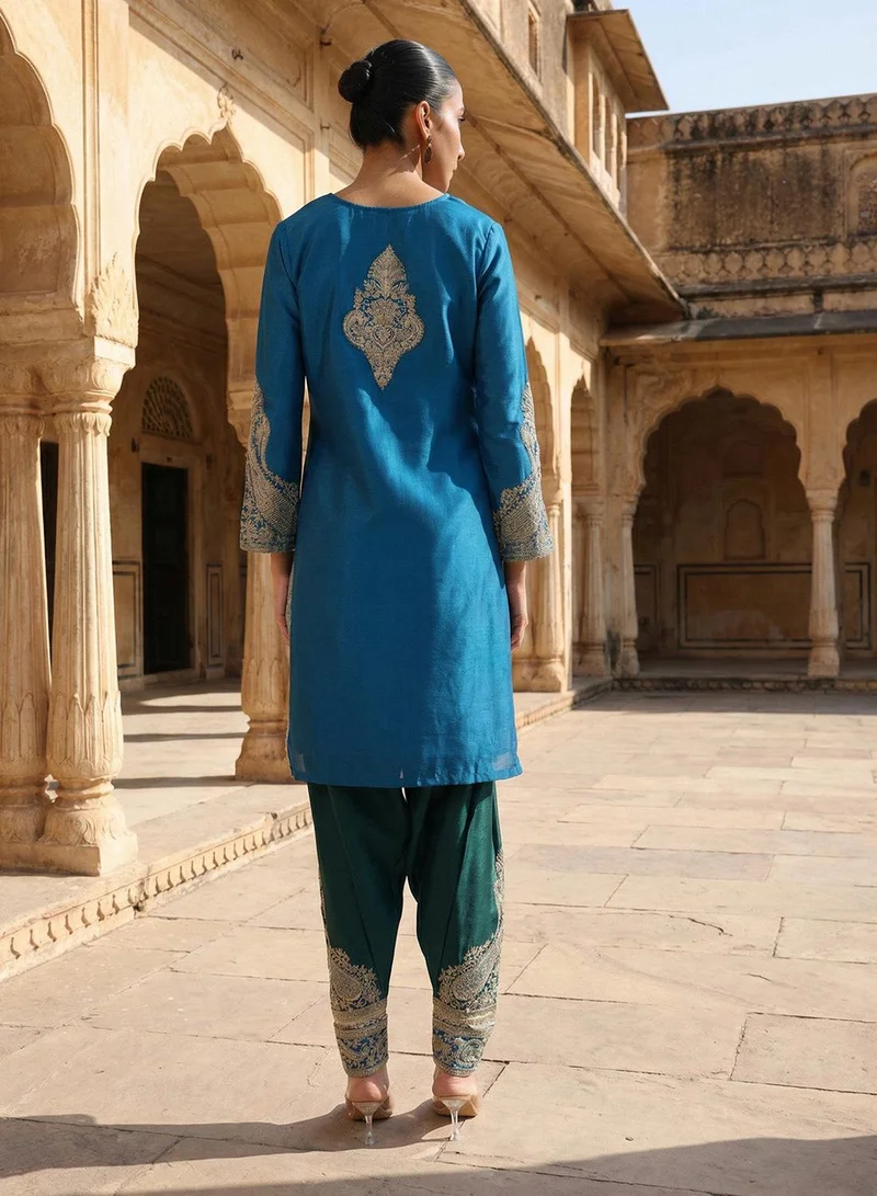 ISHIN Blue Poly Embroidered Straight Fit A-Line Tunic & Full Length Palazzo Kurta Set For Women