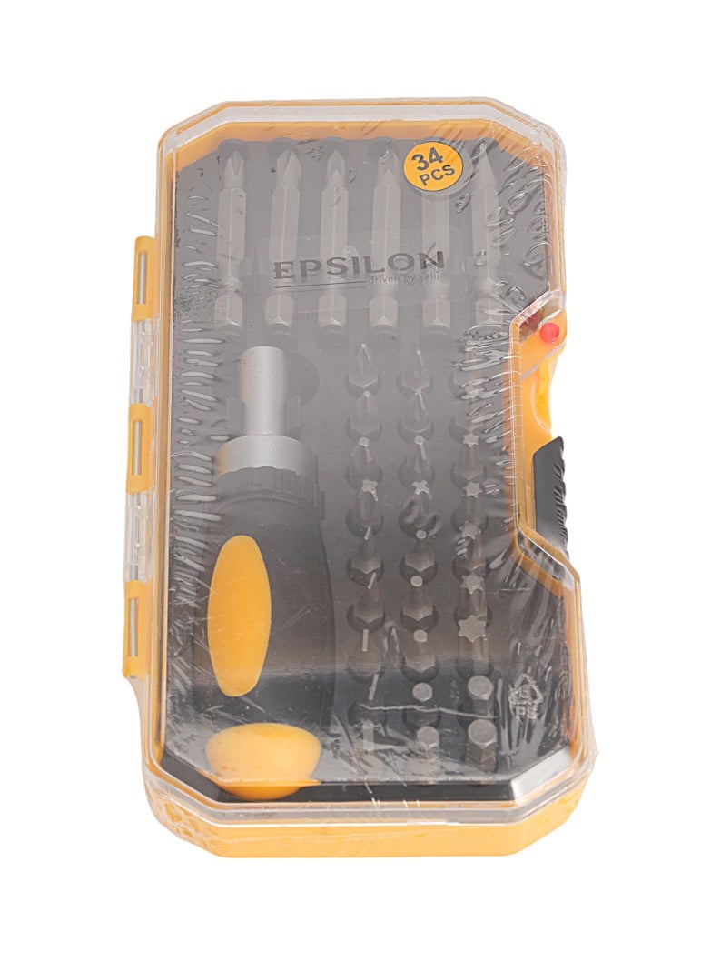 Epsilon - Epsilon 34 Pieces Ratchet Set- EPSRS1573/ Versatile and Highly Durable, Includes 27 25mm, 6 50 mm, Philips, Pozidriv , Hex, Torx Bits, and Screwdriver/ Perfect for a Wide Range of Applications/ Black and Yellow - Image 1