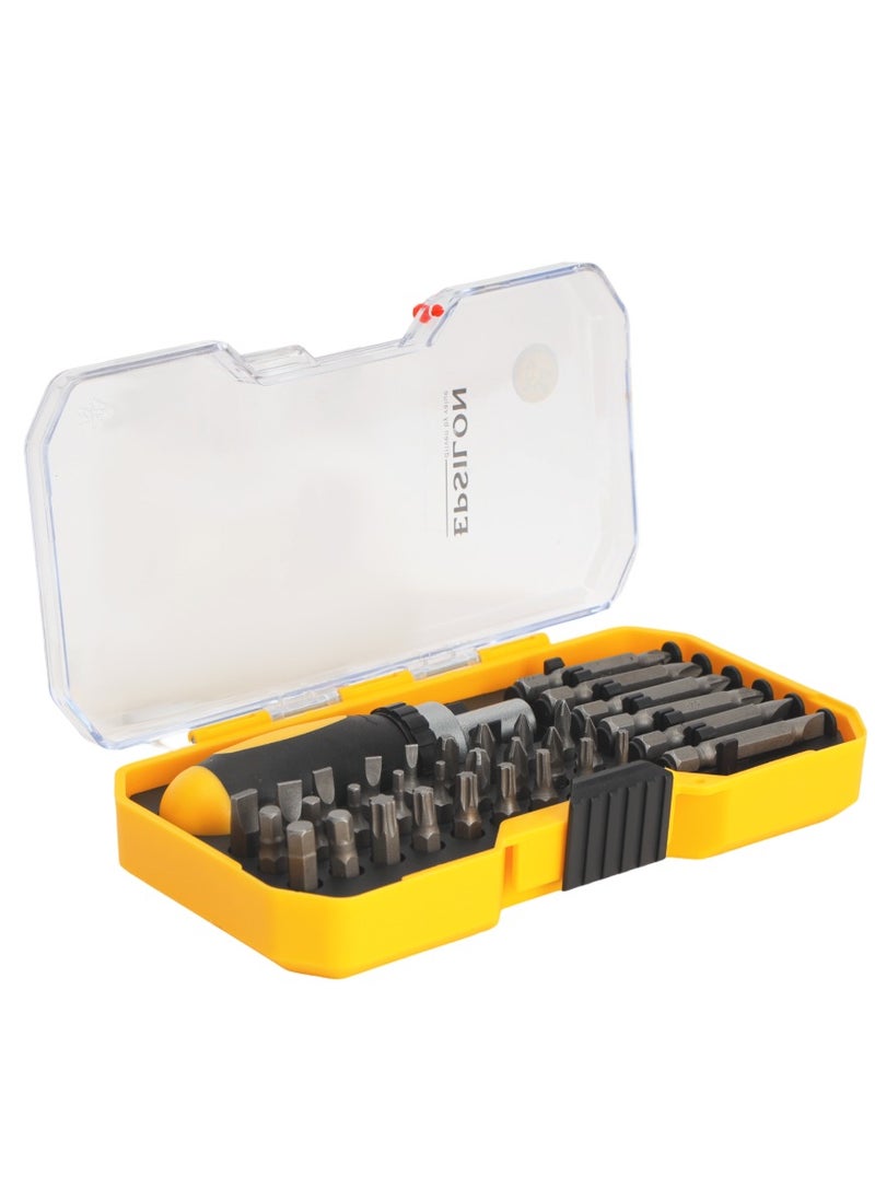 Epsilon - Epsilon 34 Pieces Ratchet Set- EPSRS1573/ Versatile and Highly Durable, Includes 27 25mm, 6 50 mm, Philips, Pozidriv , Hex, Torx Bits, and Screwdriver/ Perfect for a Wide Range of Applications/ Black and Yellow - Image 1