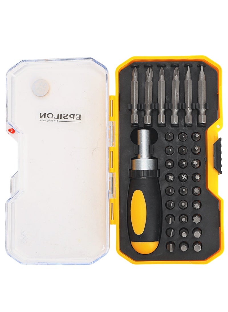 Epsilon - Epsilon 34 Pieces Ratchet Set- EPSRS1573/ Versatile and Highly Durable, Includes 27 25mm, 6 50 mm, Philips, Pozidriv , Hex, Torx Bits, and Screwdriver/ Perfect for a Wide Range of Applications/ Black and Yellow - Image 1