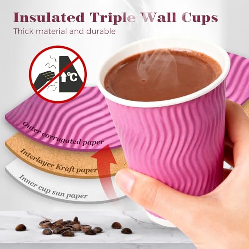 Charmount 100 Pack 12 oz Pink Disposable Insulated Coffee Cups with Lids - Ripple Wall Hot Paper To-Go Cups for Coffee, Tea, Cocoa, and Drinks - For Valentines Day - Image 3