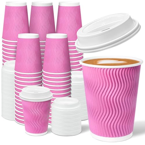 Charmount 100 Pack 12 oz Pink Disposable Insulated Coffee Cups with Lids - Ripple Wall Hot Paper To-Go Cups for Coffee, Tea, Cocoa, and Drinks - For Valentines Day - Image 1