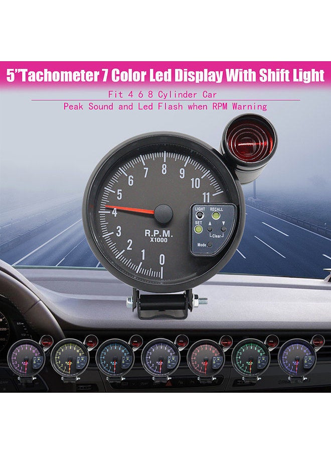 Generic - 5 Inch Tachometer Gauge Black 7 Colors Backlight with Shift Light Peak Sound LED Flash When RPM Warning - Image 1