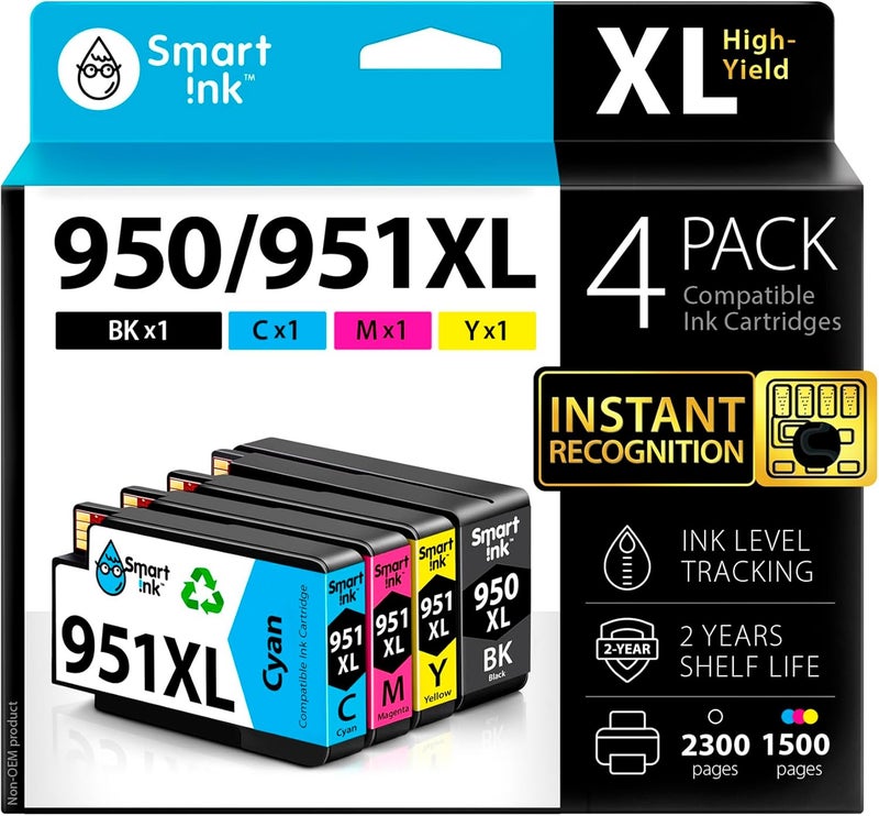 Smart Ink Compatible Ink Cartridge Replacement for HP 950XL 951XL 950 XL 951 XL 4 Pack Combo to use with Officejet Pro 8600 plus 8610 8620 8100 8625 8630 Printers (1 Black & 1 Cyan 1 Magenta 1 Yellow) - Image 1