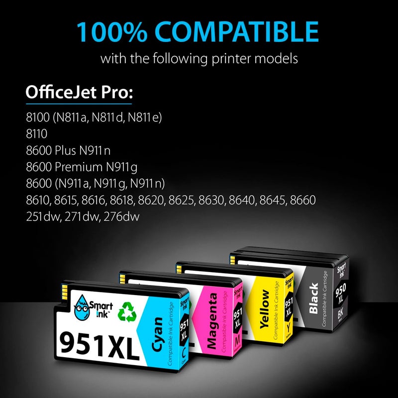 Smart Ink Compatible Ink Cartridge Replacement for HP 950XL 951XL 950 XL 951 XL 4 Pack Combo to use with Officejet Pro 8600 plus 8610 8620 8100 8625 8630 Printers (1 Black & 1 Cyan 1 Magenta 1 Yellow) - Image 2