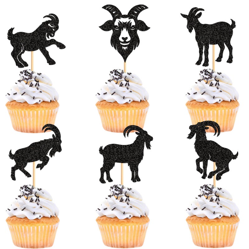 Ercadio 24Pcs Goat Cupcake Toppers Black Glitter Sheep Cupcake Picks Animal Goat Cake Decorations for Baby Shower Kids Birthday Animal Theme Party Decorations Supplies - Image 1