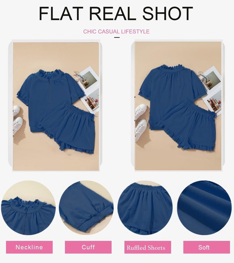 KevaMolly Women's 2 Piece Lounge Sets Casual Half Zip Puff Sleeve Top and Ruffled Shorts Outfits Royal Blue M - Image 5