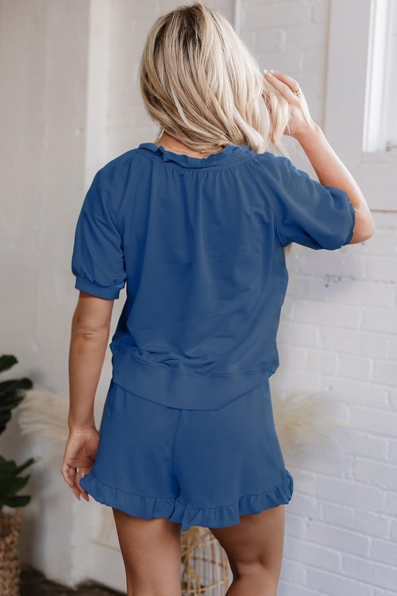 KevaMolly Women's 2 Piece Lounge Sets Casual Half Zip Puff Sleeve Top and Ruffled Shorts Outfits Royal Blue M - Image 3