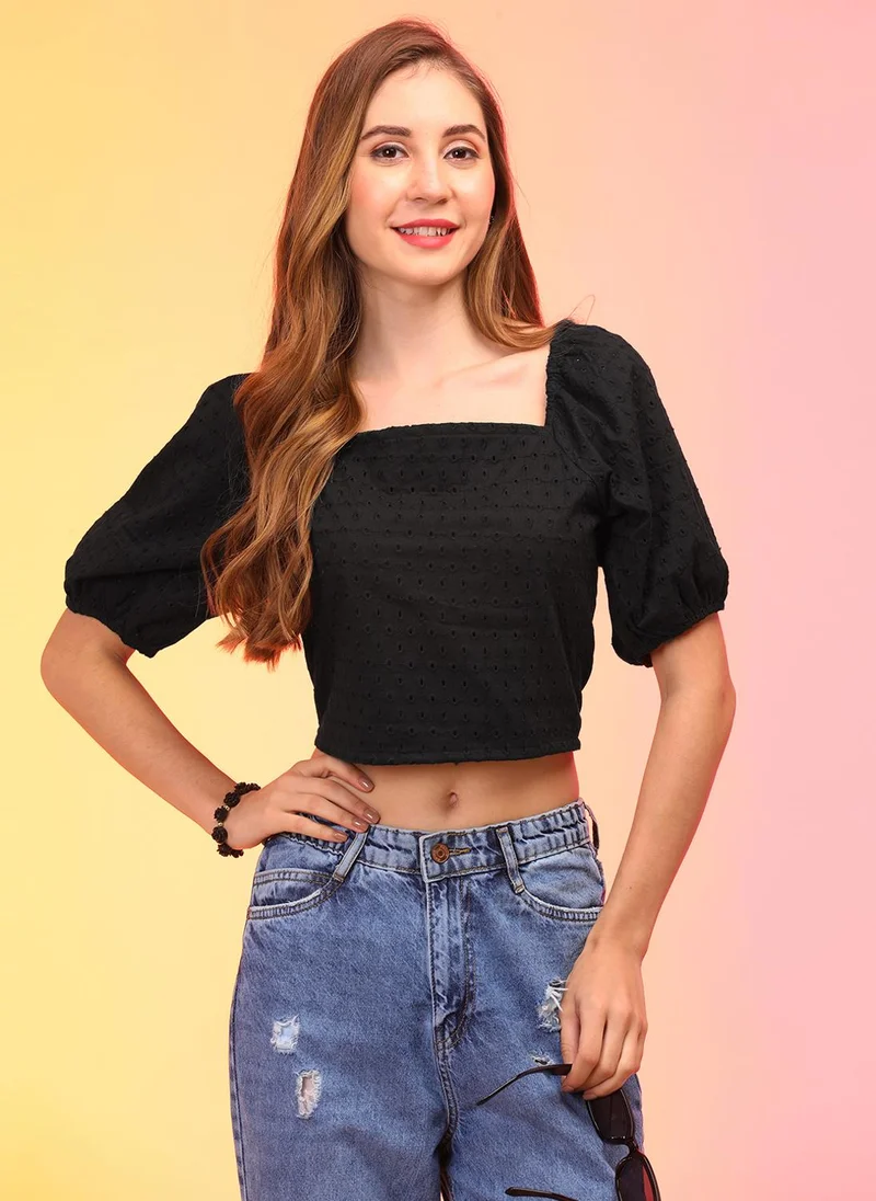 globus Globus Women Puff Sleeve Cotton Schiffli Crop Top