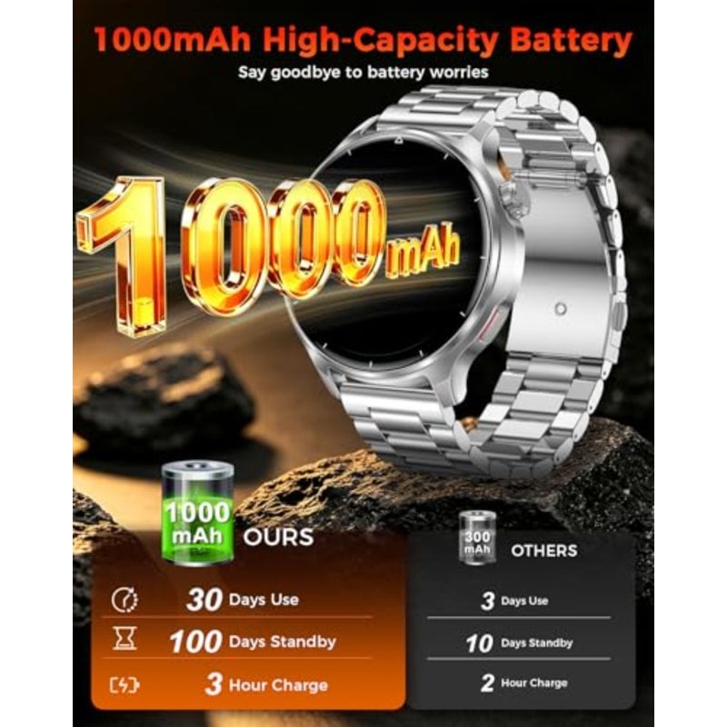 Rugged smartwatch for outdoor sports and daily fitness tracking, silicone and nylon straps, silver, 1000mAh battery with 120+ sports modes, heart rate and sleep monitoring, IP68 waterproof, BT calling support - Image 2