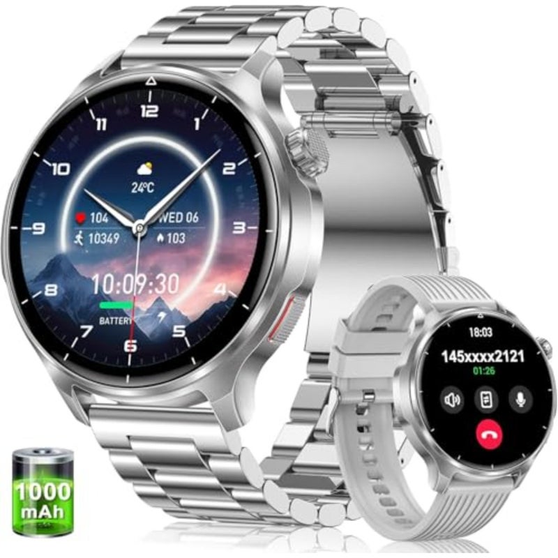 Rugged smartwatch for outdoor sports and daily fitness tracking, silicone and nylon straps, silver, 1000mAh battery with 120+ sports modes, heart rate and sleep monitoring, IP68 waterproof, BT calling support - Image 1