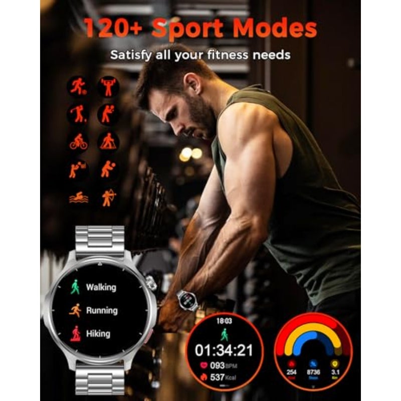 Rugged smartwatch for outdoor sports and daily fitness tracking, silicone and nylon straps, silver, 1000mAh battery with 120+ sports modes, heart rate and sleep monitoring, IP68 waterproof, BT calling support - Image 5