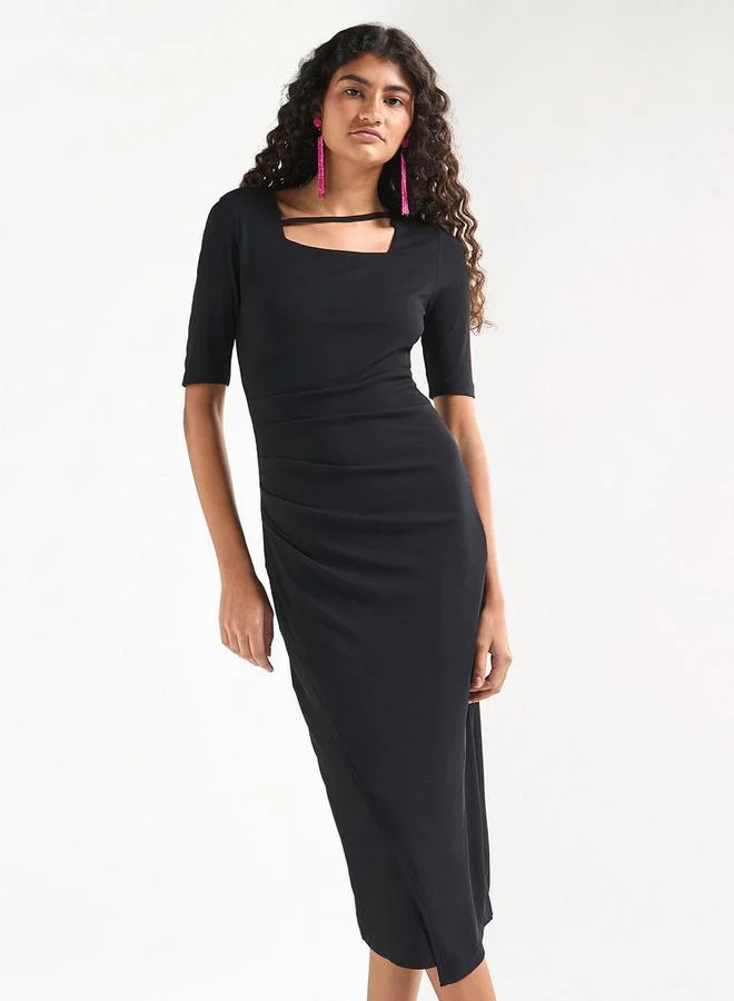 Splash FAV Textured Bodycon Dress with Square Neck and Tulip Hemline