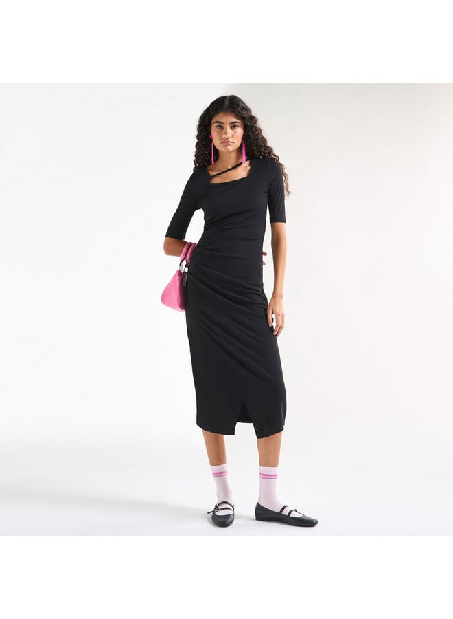 Splash FAV Textured Bodycon Dress with Square Neck and Tulip Hemline  - Image 1