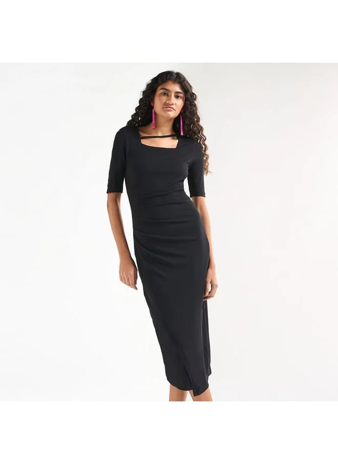 FAV Textured Bodycon Dress with Square Neck and Tulip Hemline