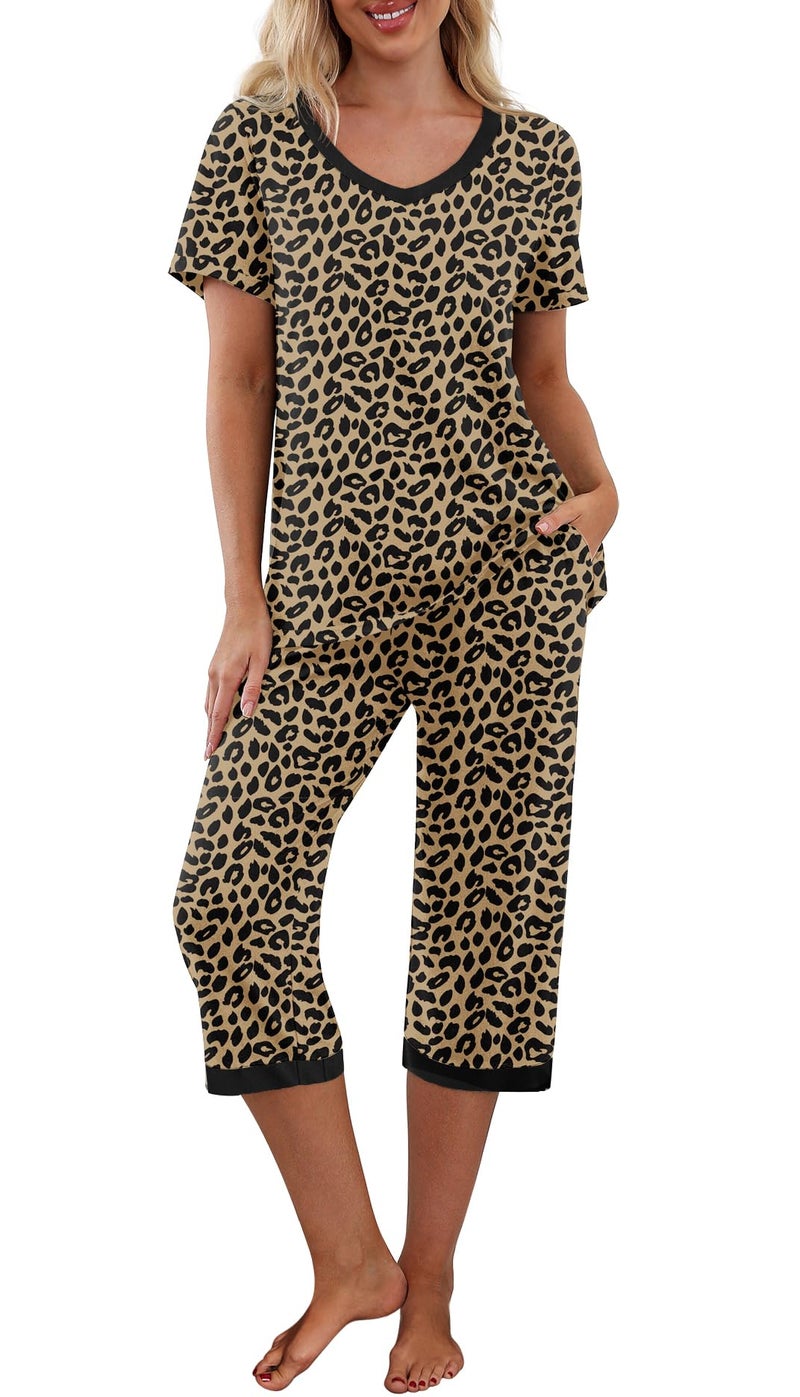 PrinStory Women's Pajama Set Short Sleeve Shirt and Capri Pants Sleepwear Pjs Sets with Pockets FP-Leopard Khaki-Large - Image 1