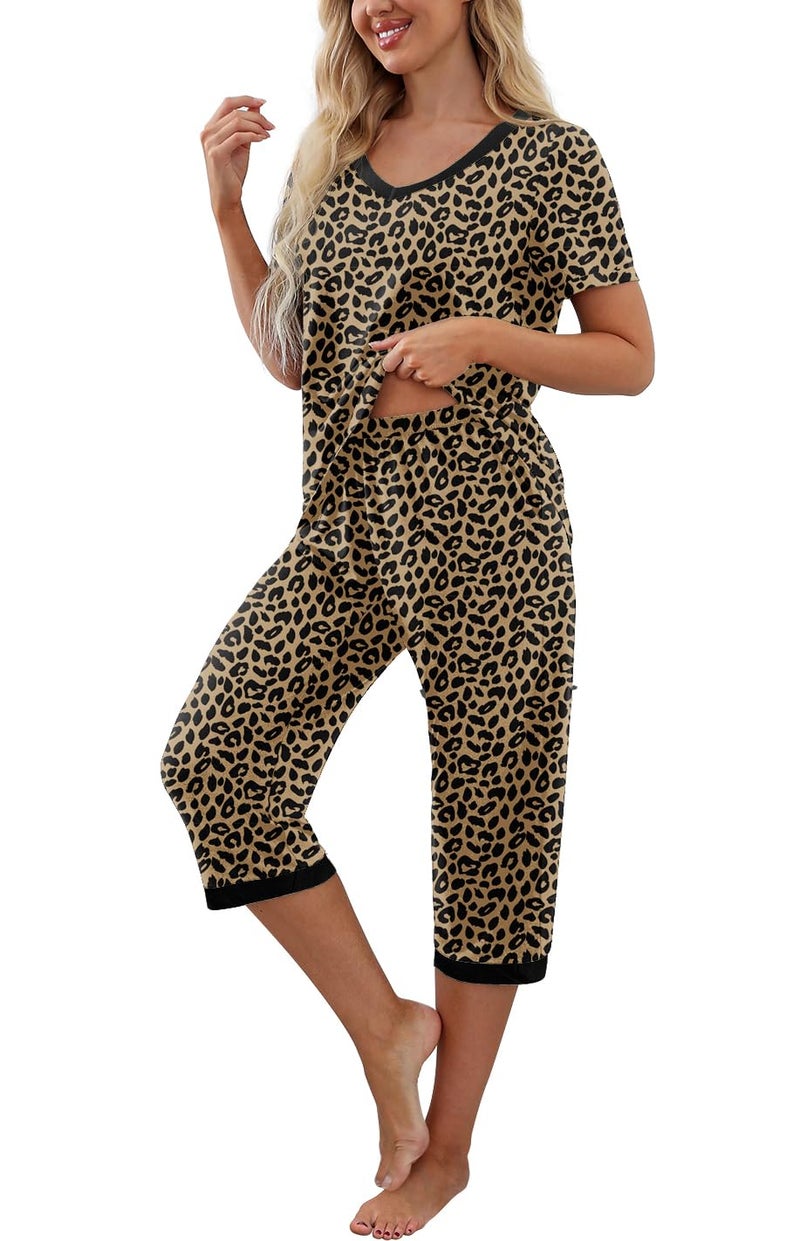 PrinStory Women's Pajama Set Short Sleeve Shirt and Capri Pants Sleepwear Pjs Sets with Pockets FP-Leopard Khaki-Large - Image 3