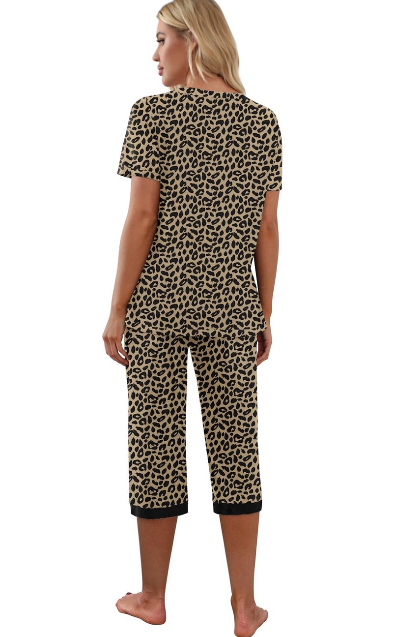PrinStory Women's Pajama Set Short Sleeve Shirt and Capri Pants Sleepwear Pjs Sets with Pockets FP-Leopard Khaki-Large - Image 5