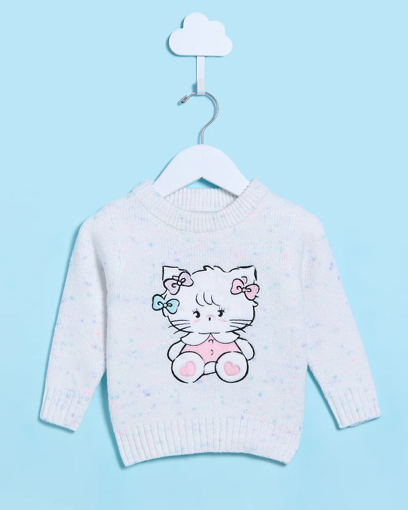 REDTAG Infant Girls Ivory Cat Knitted Pullover