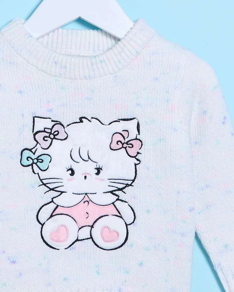 REDTAG Infant Girls Ivory Cat Knitted Pullover