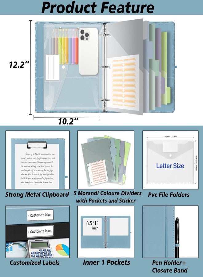 BVSSX 1 Inch 3 Ring Leather Binder Organizer, BVSSX Three Ring Binders with Clipboard, Plastic Folder, 5-Tabs Pocket Dividers with Sticker Labels, Pen Loop, Elastic Strap (Blue, Letter Size) - Image 2
