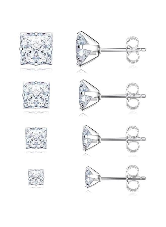 Arabest 4 Pairs Stainless Steel Earrings, Square Stud Earrings for Men and Women, Hypoallergenic Cubic Zirconia Earing Set Lab-Diamond Princess Cut Jewelry Aretes De Hombre - Image 1