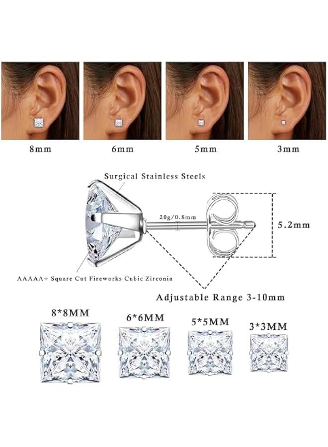 Arabest 4 Pairs Stainless Steel Earrings, Square Stud Earrings for Men and Women, Hypoallergenic Cubic Zirconia Earing Set Lab-Diamond Princess Cut Jewelry Aretes De Hombre - Image 3