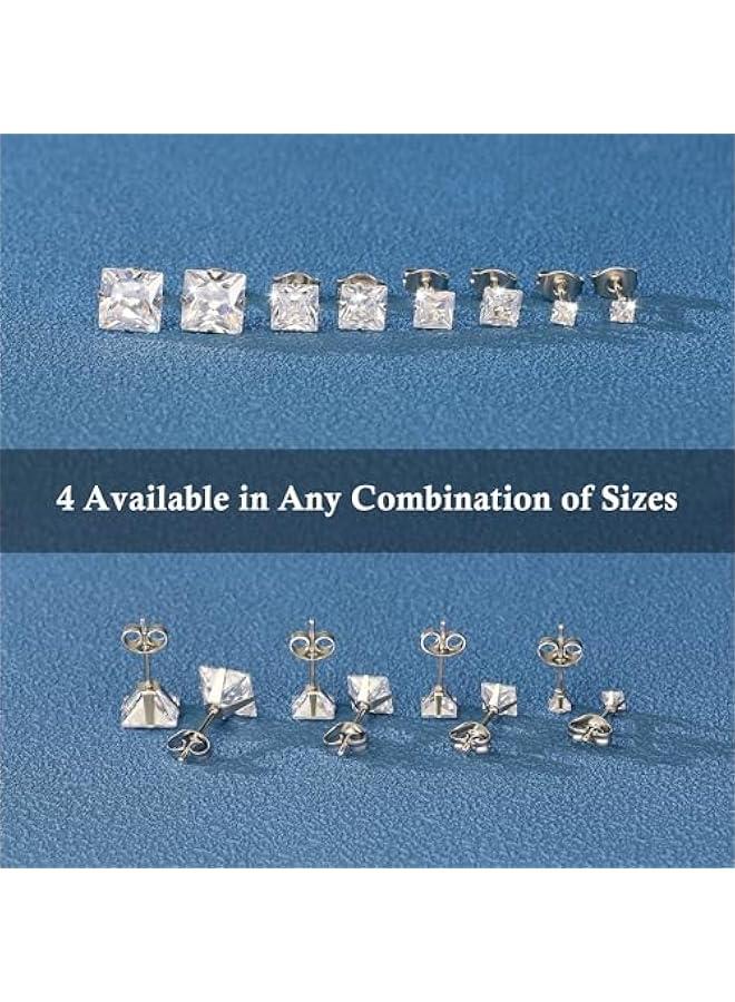 Arabest 4 Pairs Stainless Steel Earrings, Square Stud Earrings for Men and Women, Hypoallergenic Cubic Zirconia Earing Set Lab-Diamond Princess Cut Jewelry Aretes De Hombre - Image 4