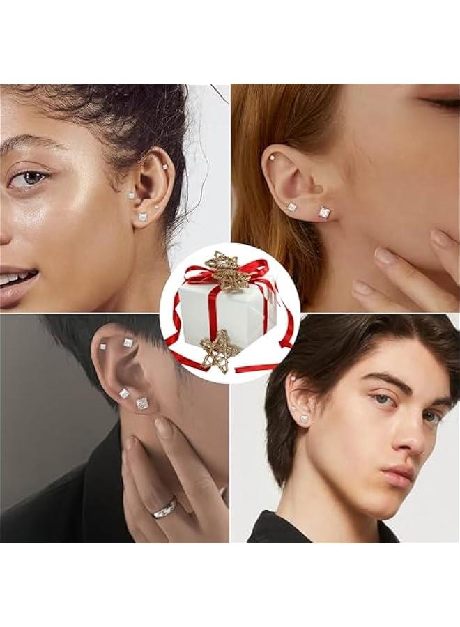 Arabest 4 Pairs Stainless Steel Earrings, Square Stud Earrings for Men and Women, Hypoallergenic Cubic Zirconia Earing Set Lab-Diamond Princess Cut Jewelry Aretes De Hombre - Image 5