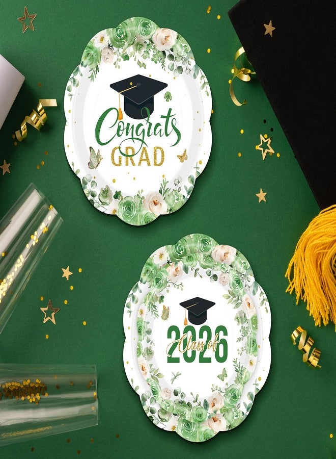 Funnymoom 60 Pcs Green Graduation Floral Paper Plates 9" and 7" Class of 2026 and Congrats Grad Cap Disposable Party Dessert Plates for College High School Grad Party Decorations - Image 4