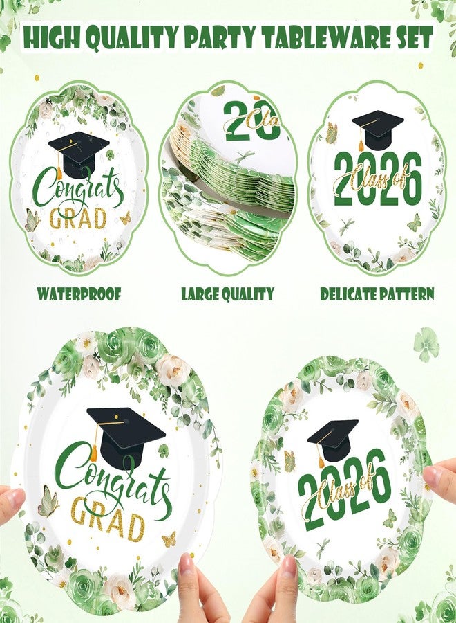 Funnymoom 60 Pcs Green Graduation Floral Paper Plates 9" and 7" Class of 2026 and Congrats Grad Cap Disposable Party Dessert Plates for College High School Grad Party Decorations - Image 3