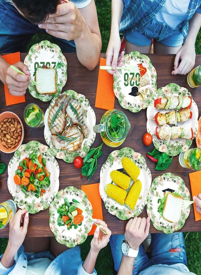 Funnymoom 60 Pcs Green Graduation Floral Paper Plates 9" and 7" Class of 2026 and Congrats Grad Cap Disposable Party Dessert Plates for College High School Grad Party Decorations - Image 5