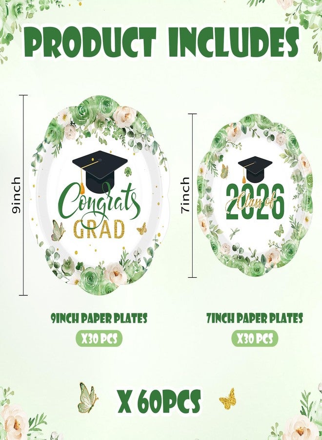Funnymoom 60 Pcs Green Graduation Floral Paper Plates 9" and 7" Class of 2026 and Congrats Grad Cap Disposable Party Dessert Plates for College High School Grad Party Decorations - Image 2