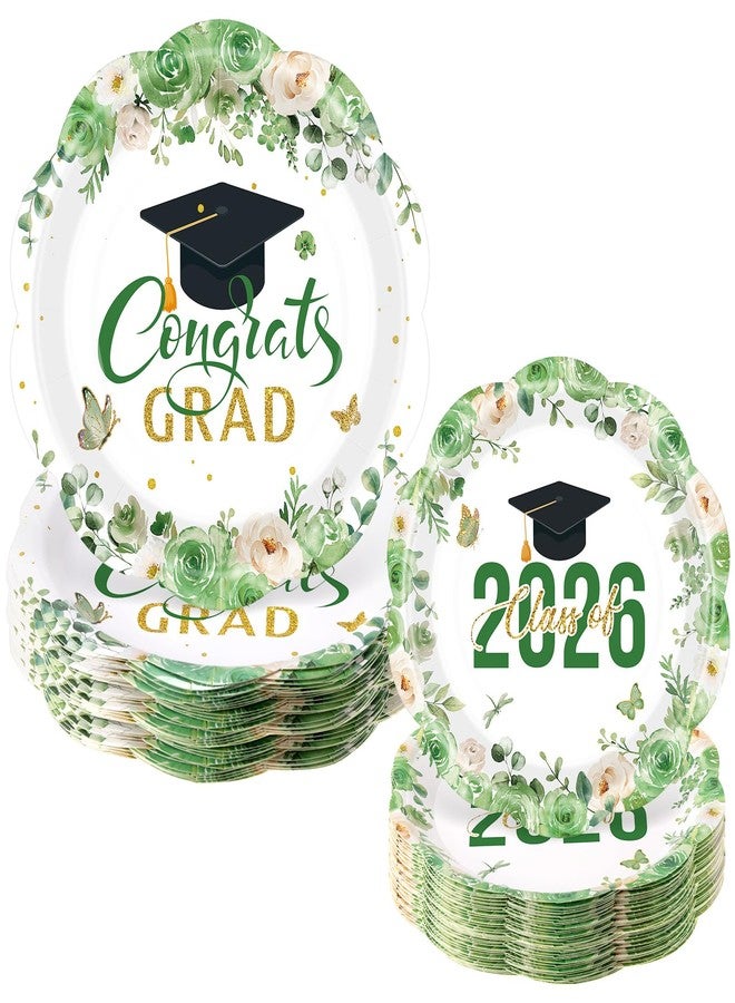 Funnymoom 60 Pcs Green Graduation Floral Paper Plates 9" and 7" Class of 2026 and Congrats Grad Cap Disposable Party Dessert Plates for College High School Grad Party Decorations - Image 1