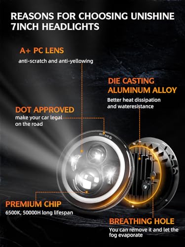 UNI-SHINE Black 2pcs 7 inch Led Headlight Round DOT Approved H6024 Led Headlight DRL Turn Signal Compatible with Jeep Wrangler JK TJ CJ & Miata & Chevy S3 & Hummer H1 H2 - Image 5